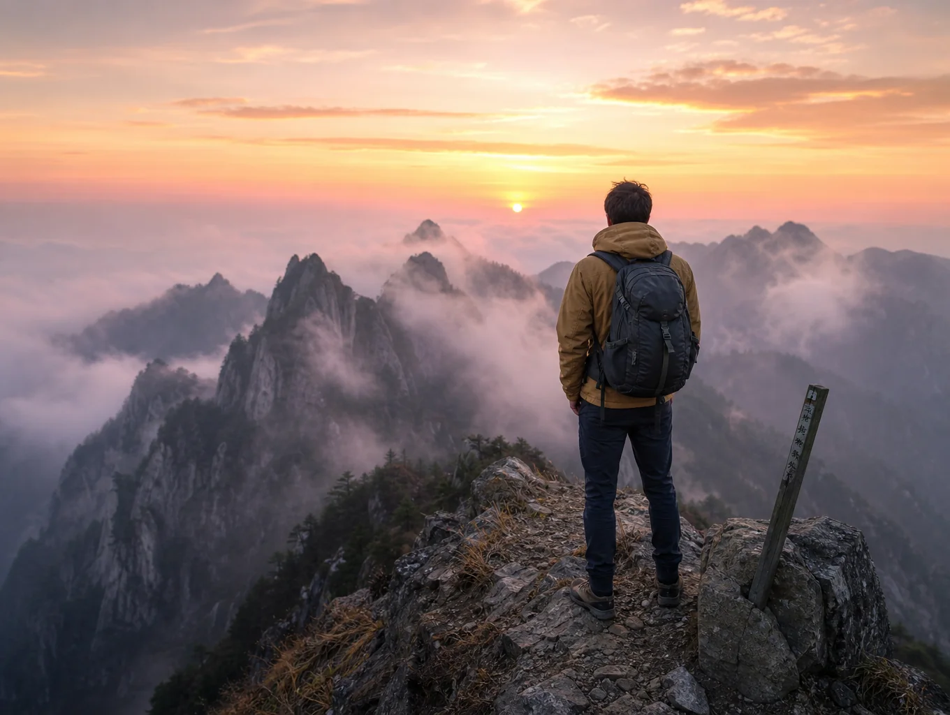 Une crête alpine au lever du soleil, au-dessus d’une mer de nuages