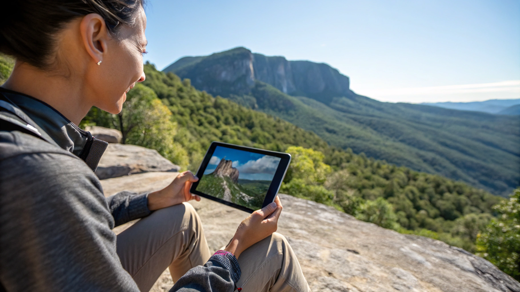 Randonneur traçant son itinéraire sur tablette en plein air