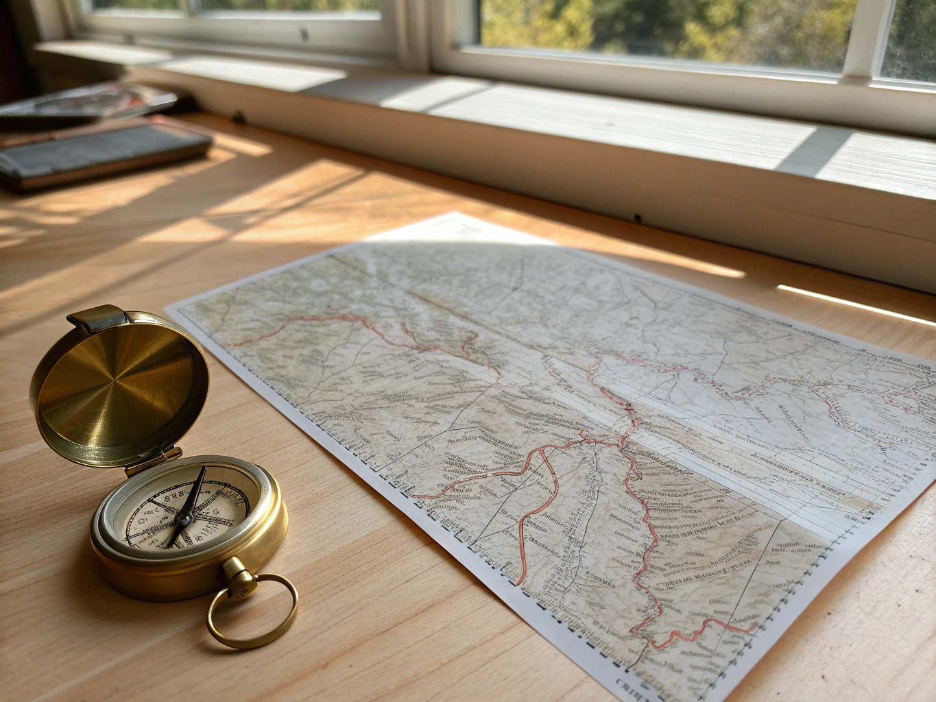 Carte topographique IGN dépliée avec boussole de visée en plein air